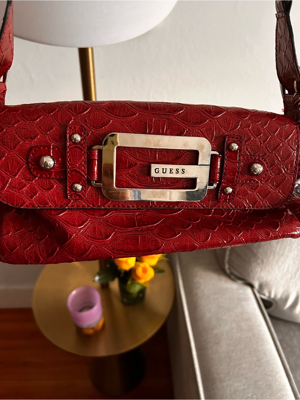 GUESS Y2K Red Croc Embossed Faux Leather Shoulder Bag Baguette G Logo Charms